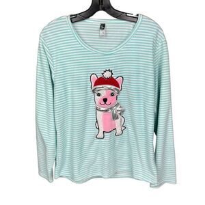PJ Couture Pajama Top Aqua White Stripe Dog Appliqué Christmas Junior Large
